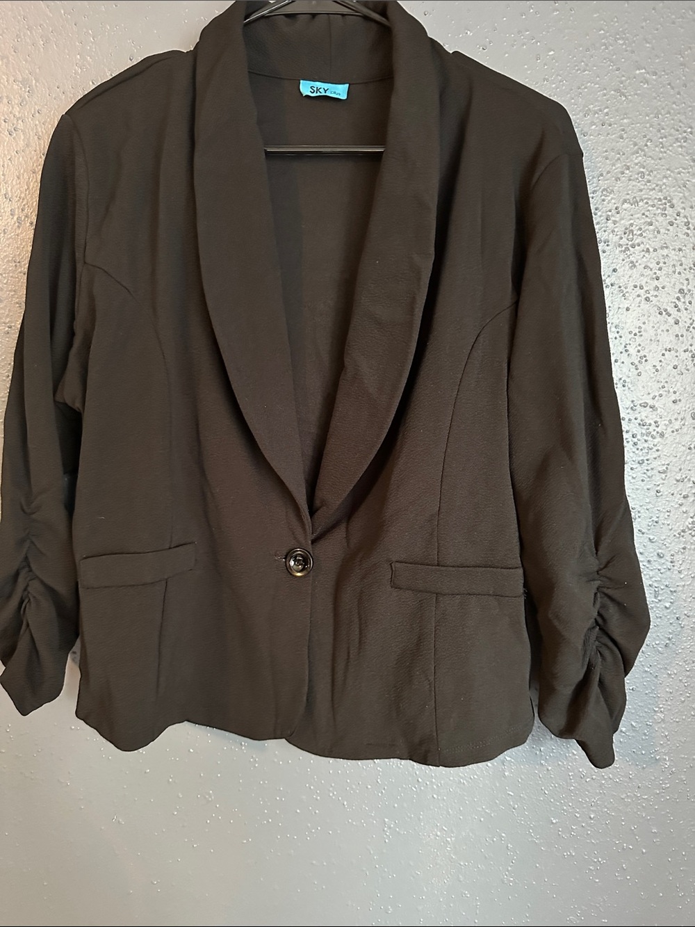 Sky Black Shawl Collar Single-Button Blazer with Ruched Sleeves plus size 14